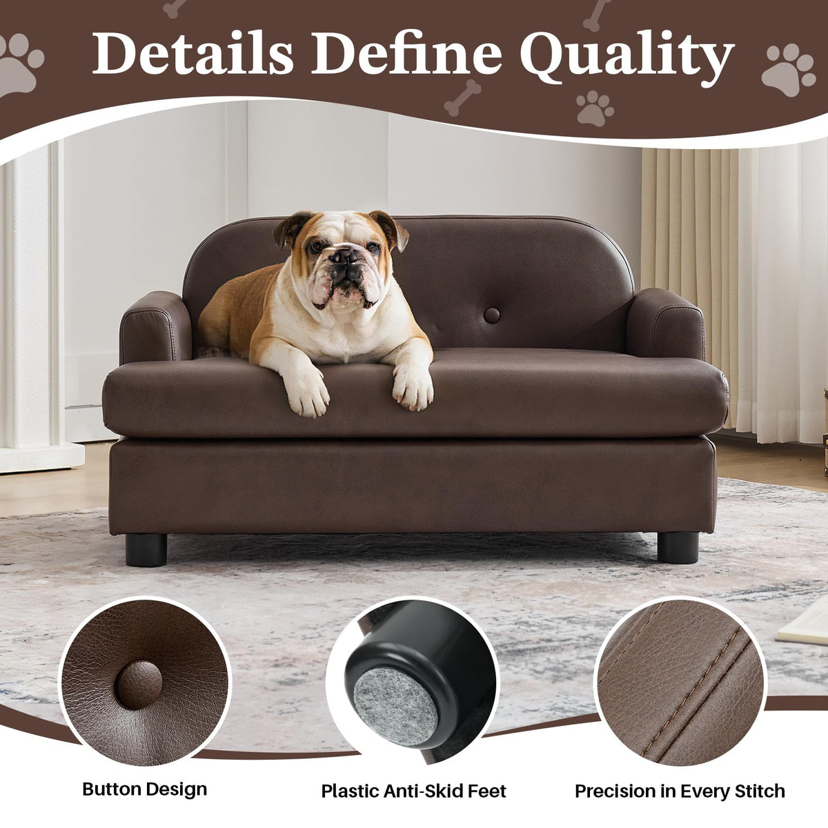 Elevated Dog Sofa Bed with Waterproof Leather – Brown
