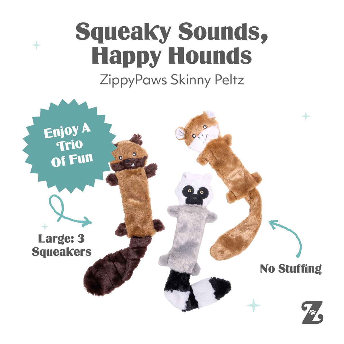 ZippyPaws Skinny Peltz no stuffing squeaky plush dog toys 3-pack fox raccoon squirrel