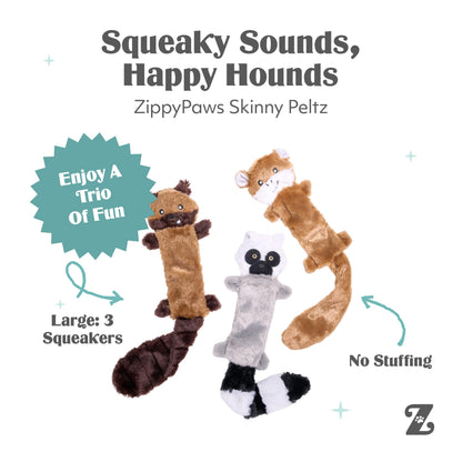 ZippyPaws Skinny Peltz no stuffing squeaky plush dog toys 3-pack fox raccoon squirrel