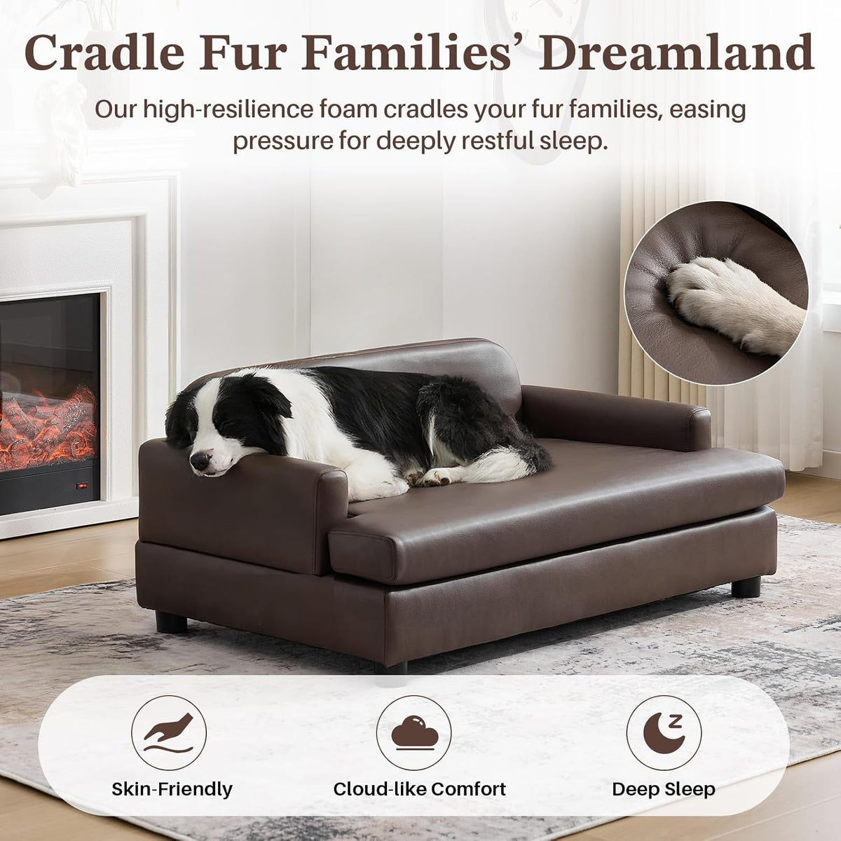 Elevated Dog Sofa Bed with Waterproof Leather – Brown