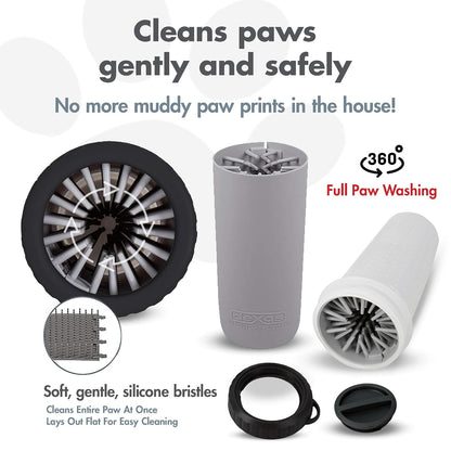 Washing a dog's paw in a Dexas MudBuster paw washer