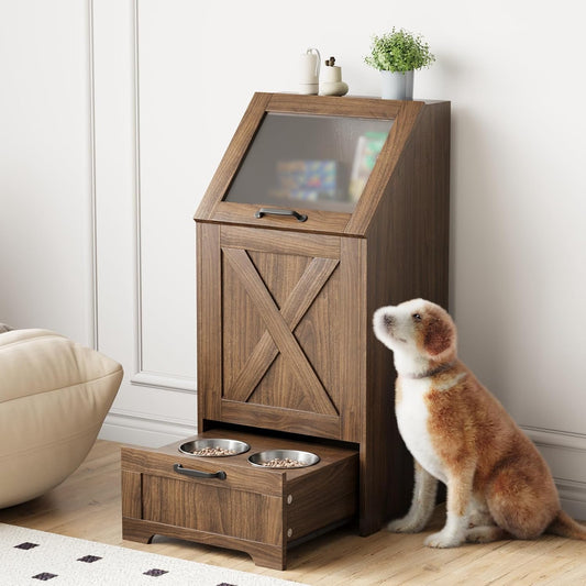 Dog Feeding Station with Storage & 2 Elevated Bowls, Walnut