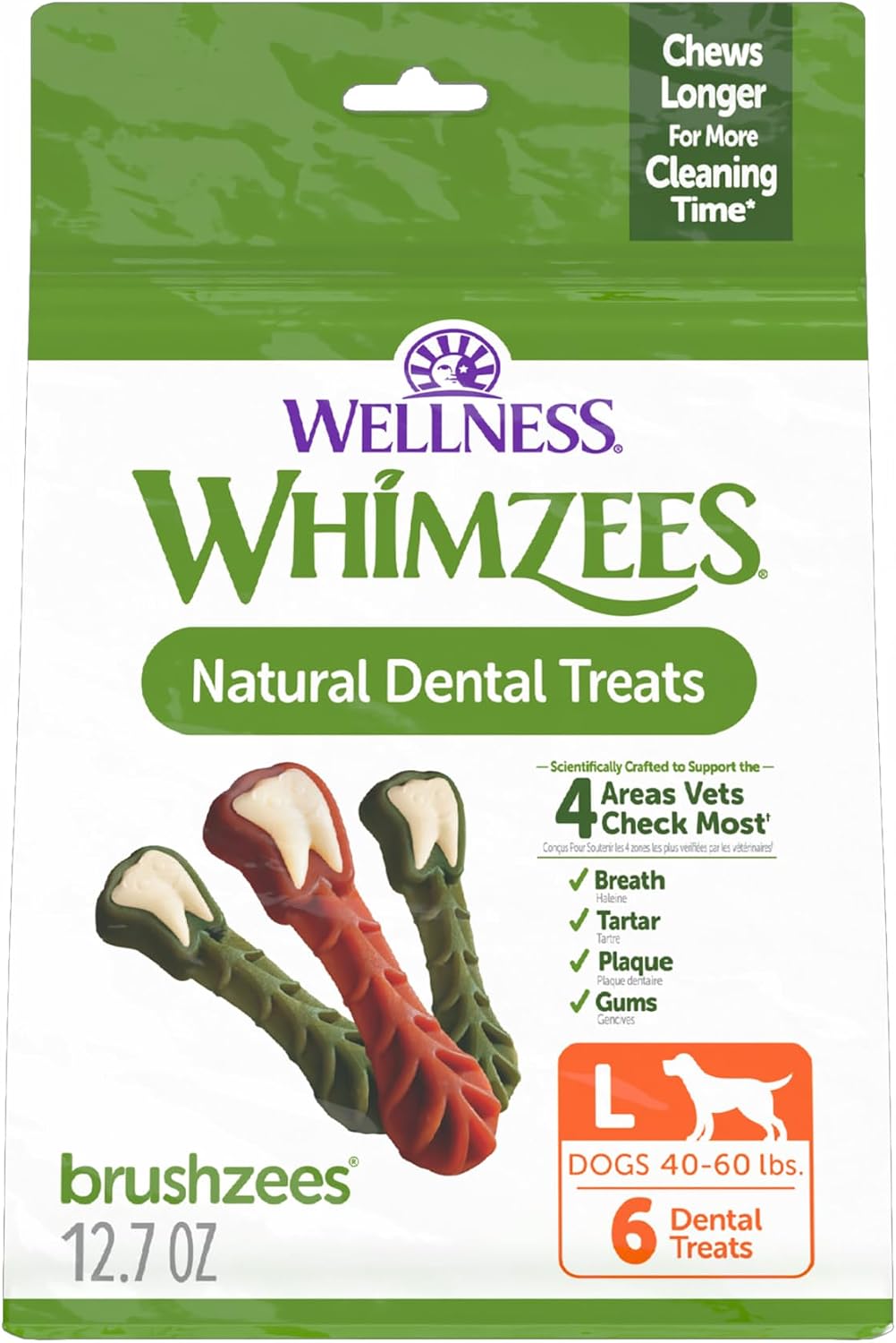 Dog chewing a Whimzees Brushzees toothbrush-shaped chew