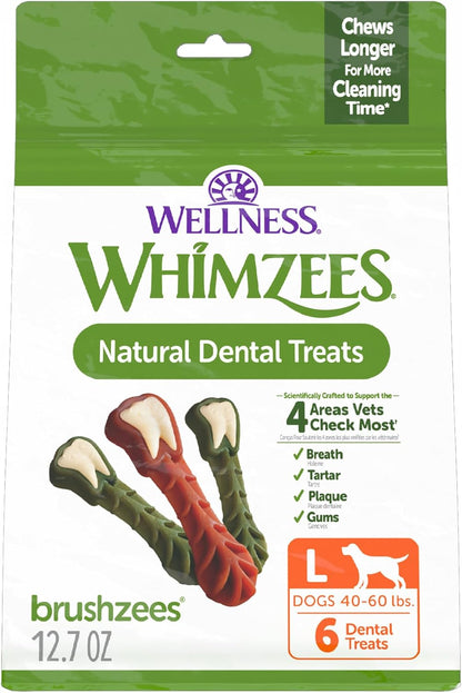 Dog chewing a Whimzees Brushzees toothbrush-shaped chew