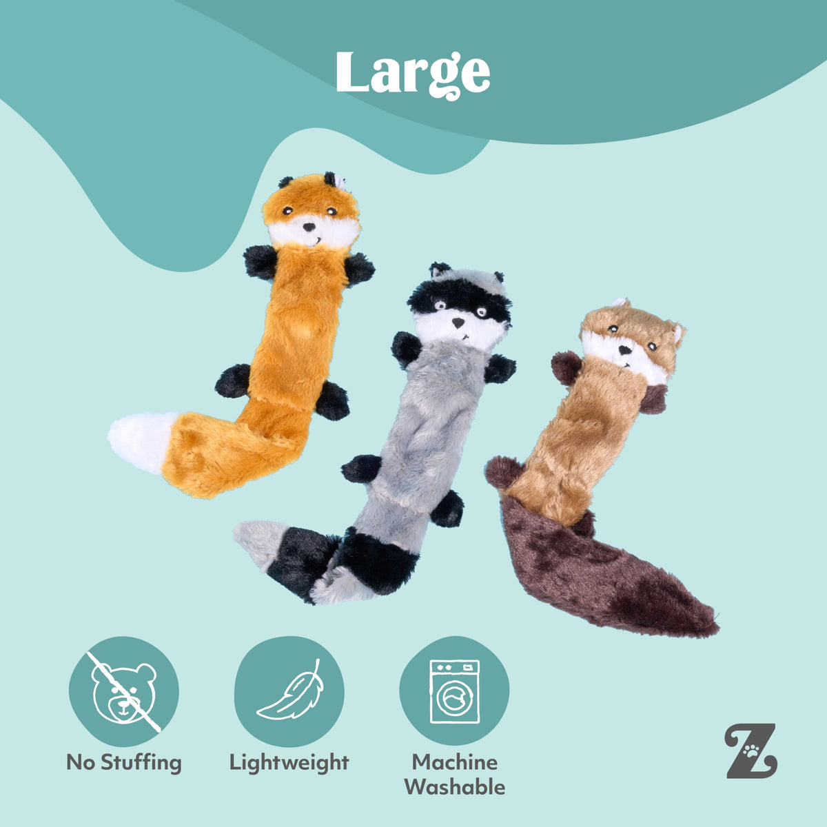 ZippyPaws Skinny Peltz no stuffing squeaky plush dog toys 3-pack fox raccoon squirrel