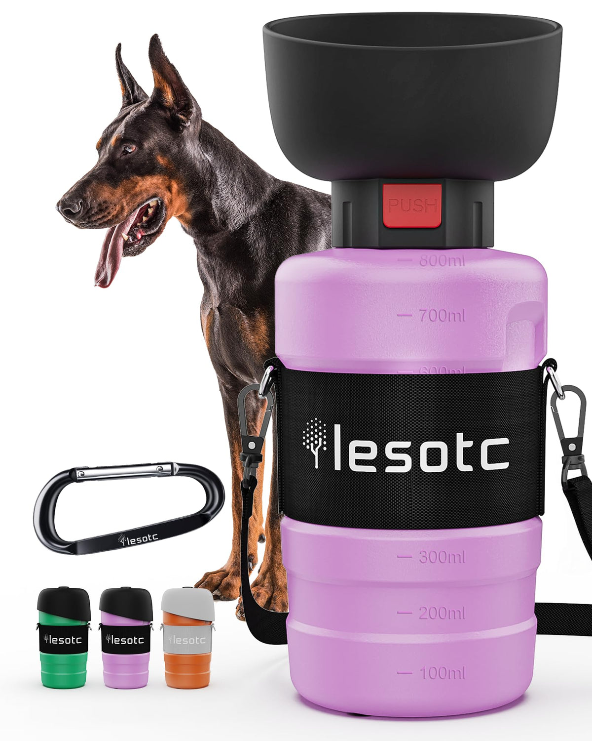 lesotc portable dog water bottle with fold-out bowl 18 oz