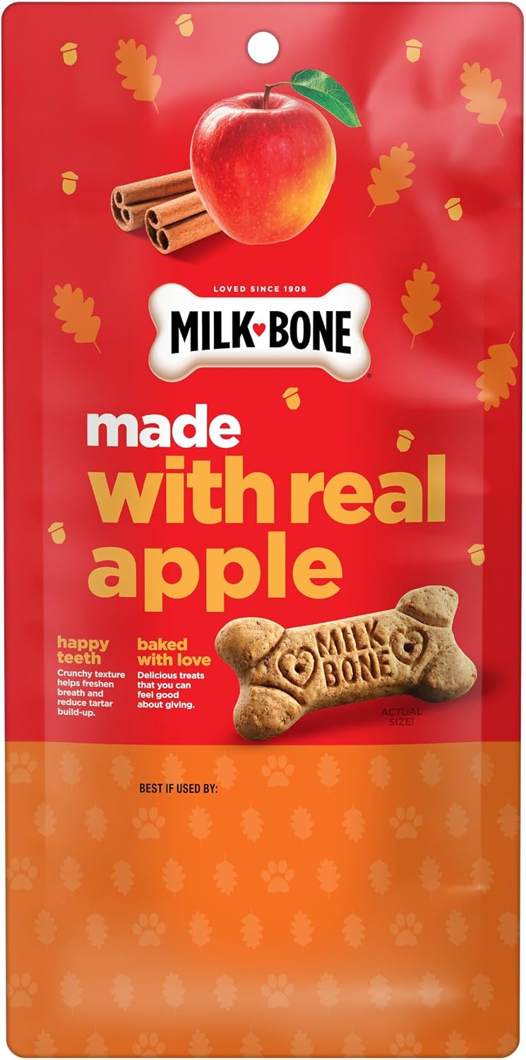 Milk-Bone Apple Cinnamon Biscuits pouch back panel, made with real apple