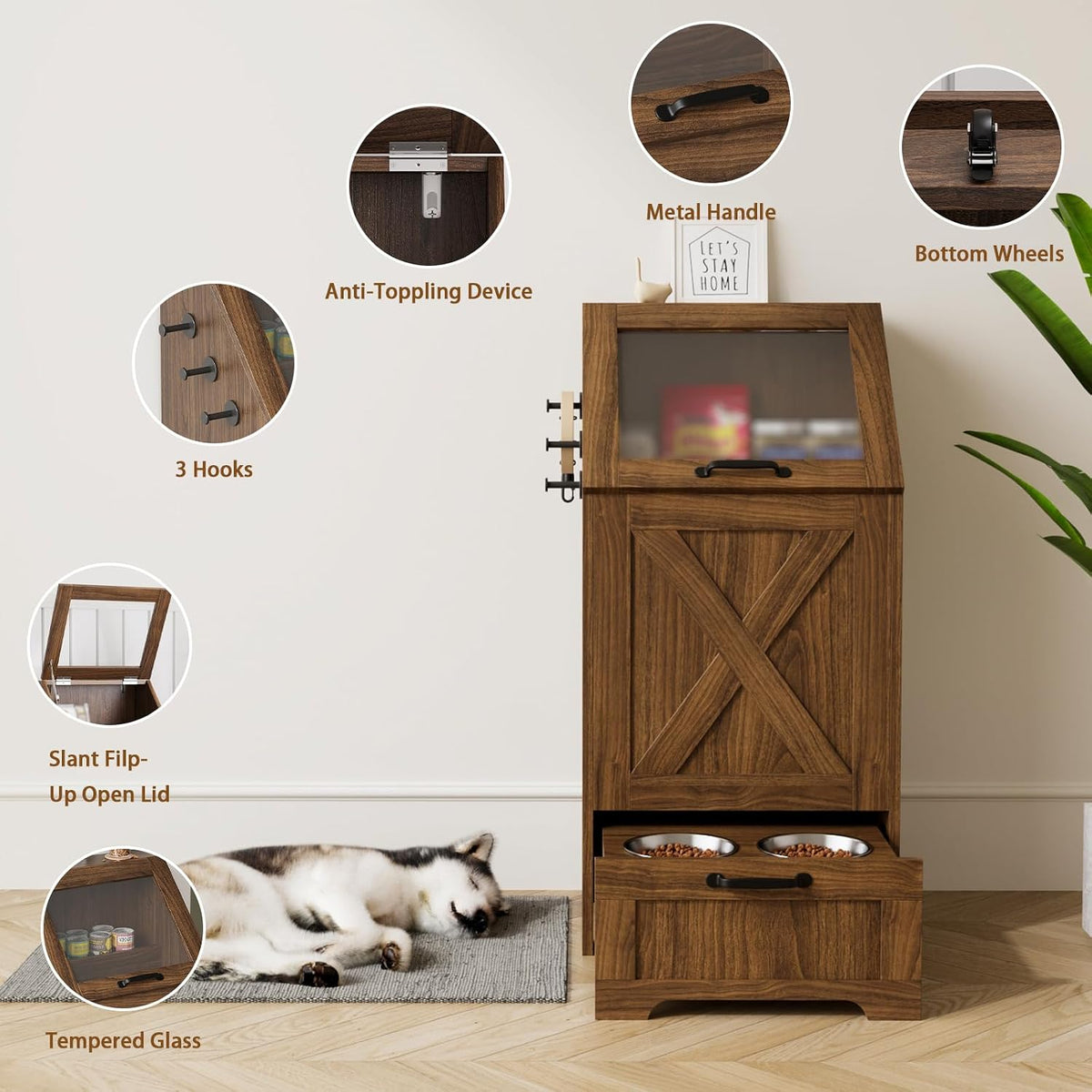 Dog Feeding Station with Storage & 2 Elevated Bowls, Walnut