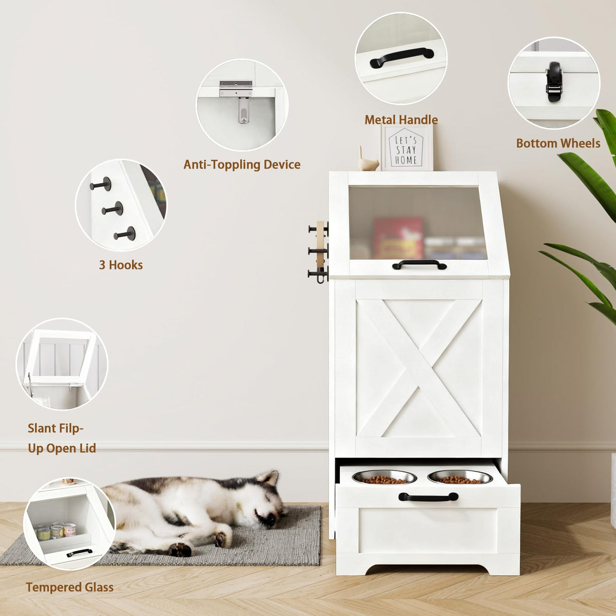 Dog Feeding Station with Storage & 2 Elevated Bowls, Walnut