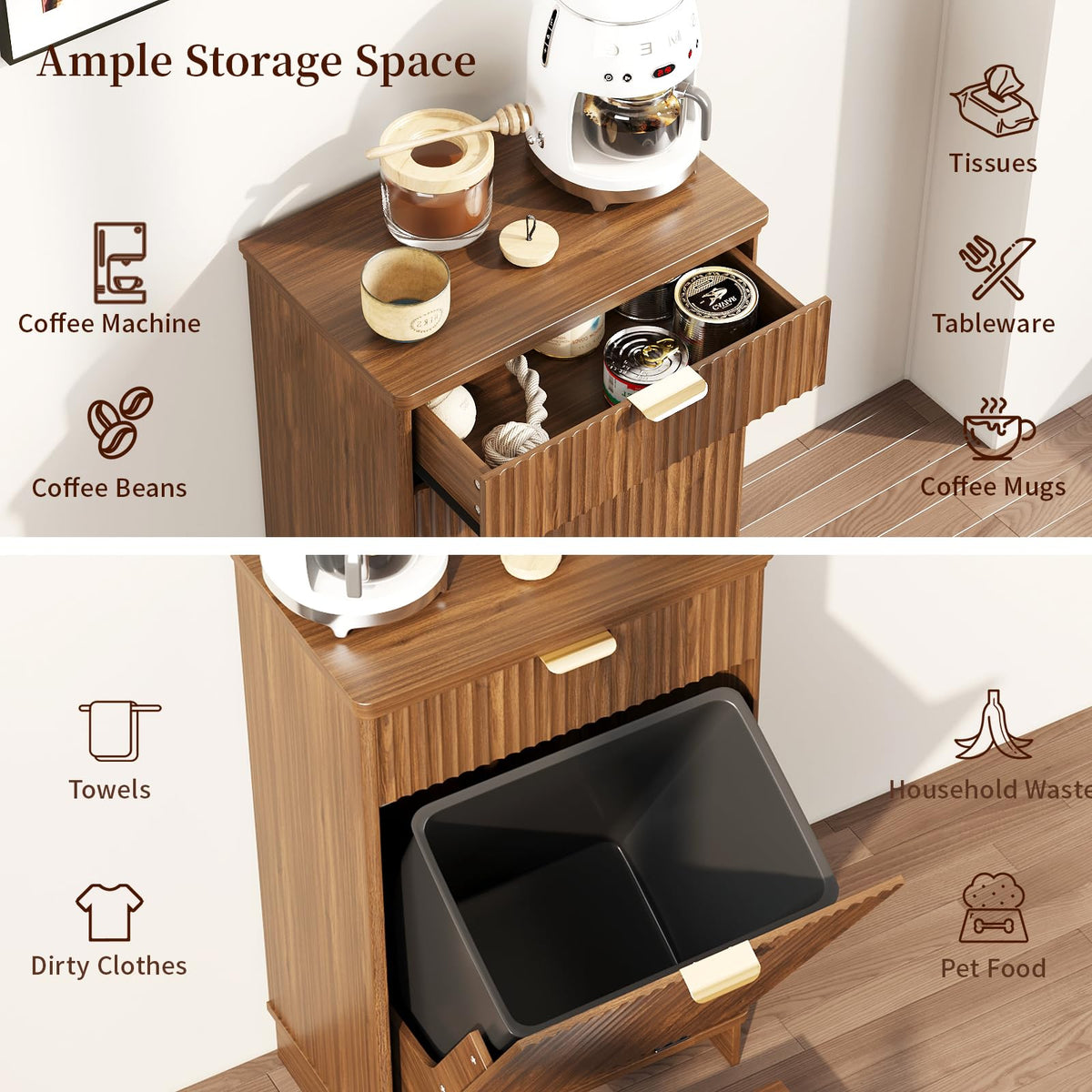 Dog Feeding Station with Storage & 2 Elevated Bowls, Walnut