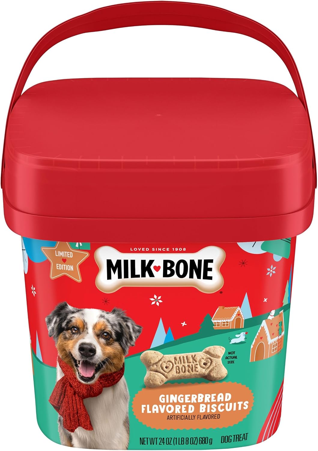 Milk-Bone Gingerbread Flavored Biscuits holiday tub with dog in scarf