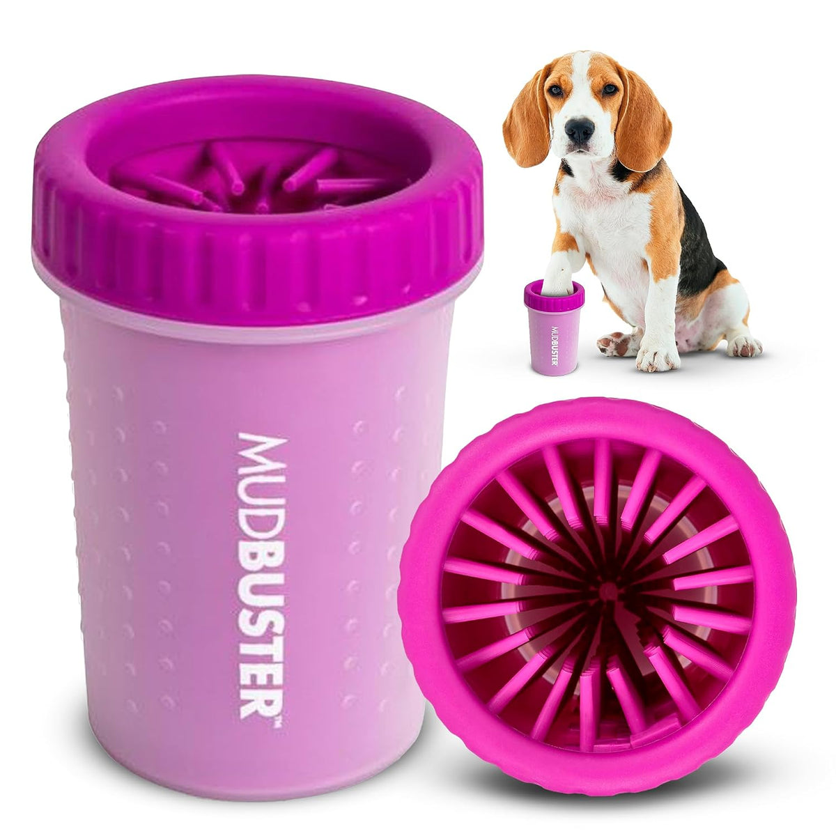 Washing a dog's paw in a Dexas MudBuster paw washer