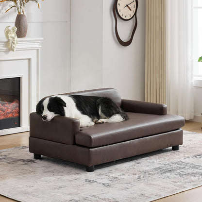 Elevated Dog Sofa Bed with Waterproof Leather – Brown