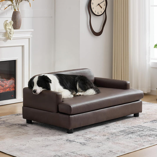 Elevated Dog Sofa Bed with Waterproof Leather – Brown