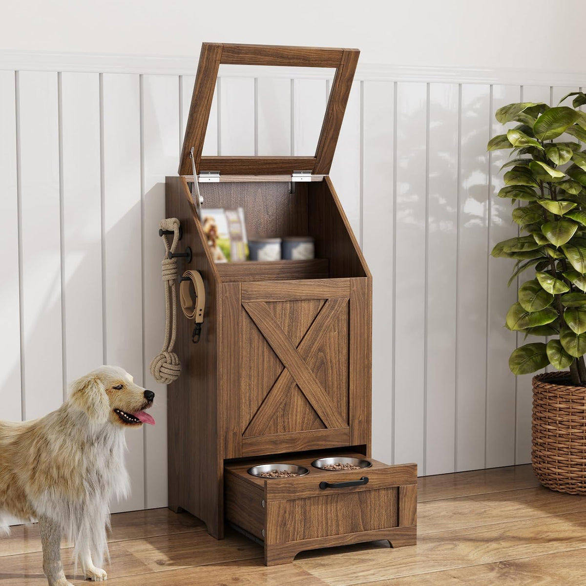 Dog Feeding Station with Storage & 2 Elevated Bowls, Walnut
