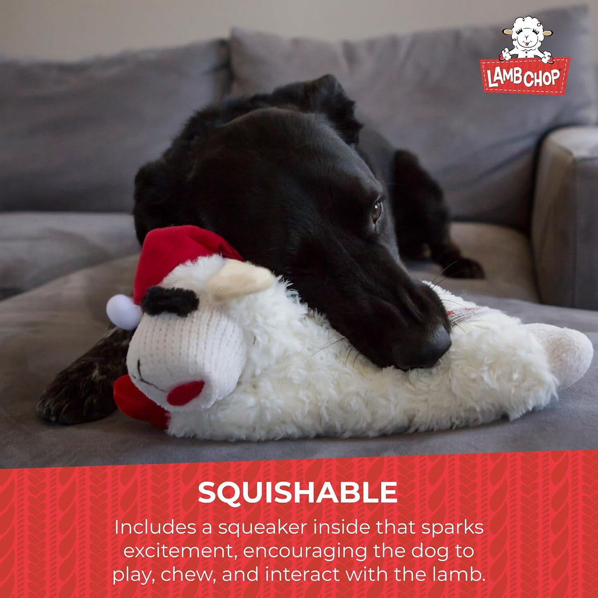 Multipet Holiday Lamb Chop – 10.5" Plush Squeaky Dog Toy with Reindeer Antlers