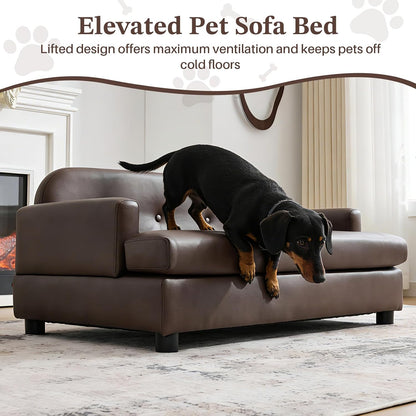 Elevated Dog Sofa Bed with Waterproof Leather – Brown