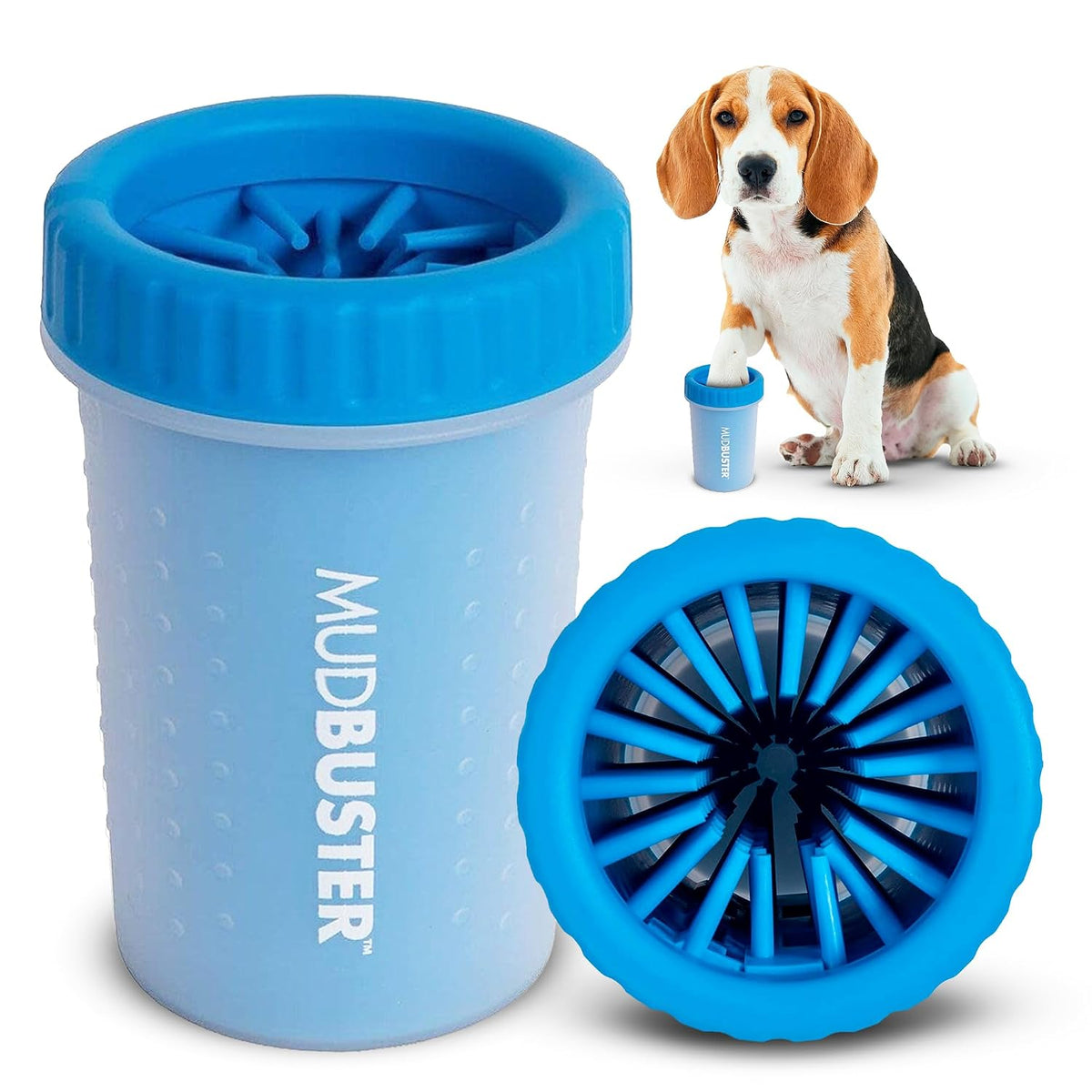 Washing a dog's paw in a Dexas MudBuster paw washer