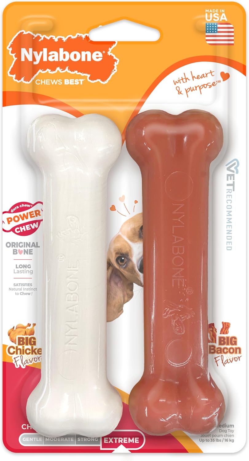 Nylabone Power Chew dog chew toy medium 2-pack bacon and chicken flavor