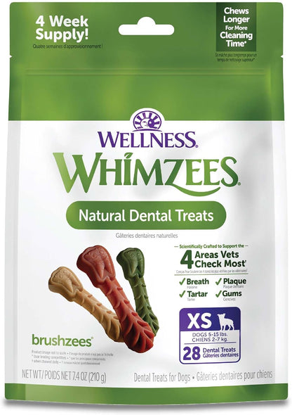 Dog chewing a Whimzees Brushzees toothbrush-shaped chew