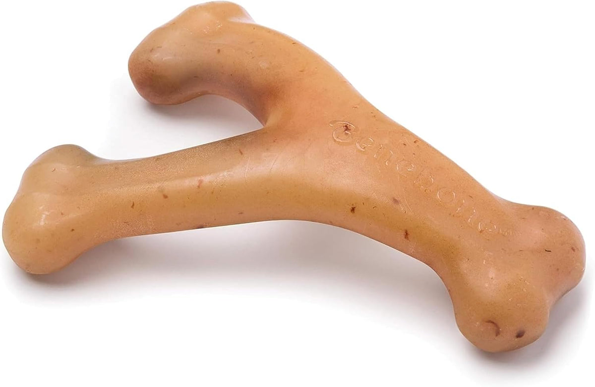 Dog chewing a Benebone Wishbone long-lasting nylon chew toy