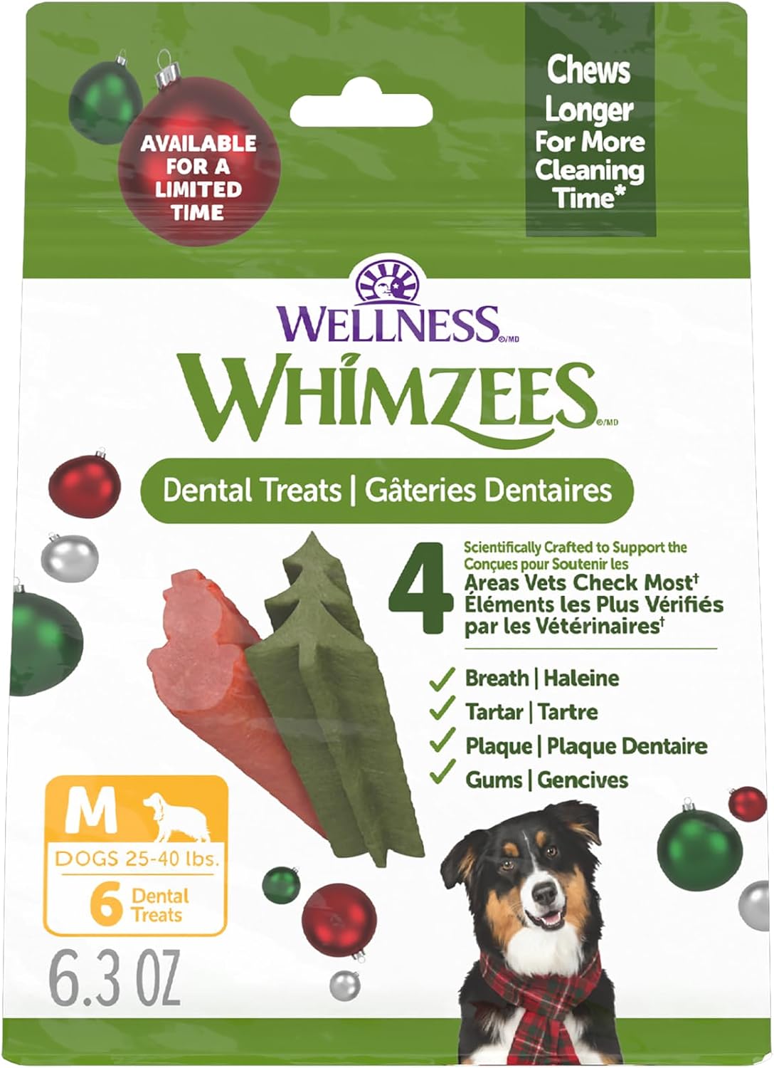 WHIMZEES Holiday Stix dental dog treats, medium size 6-count bag with Christmas ornament packaging