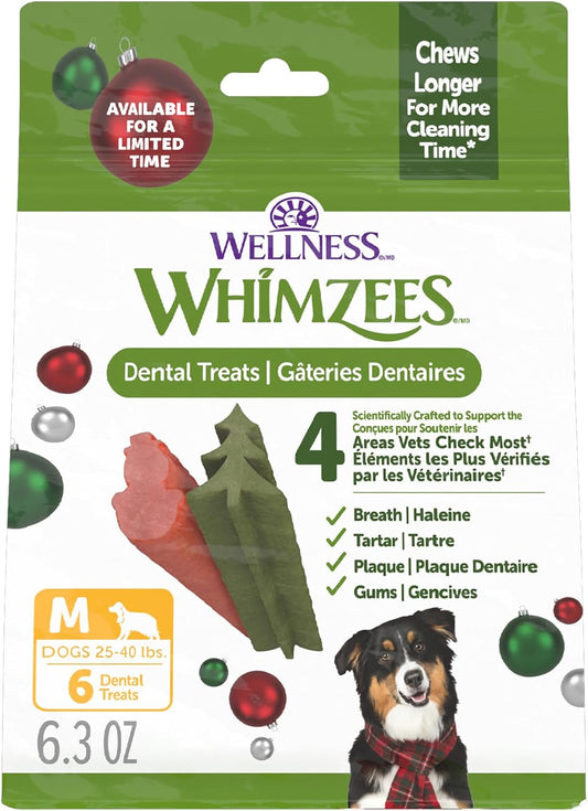 WHIMZEES Holiday Stix dental dog treats, medium size 6-count bag with Christmas ornament packaging