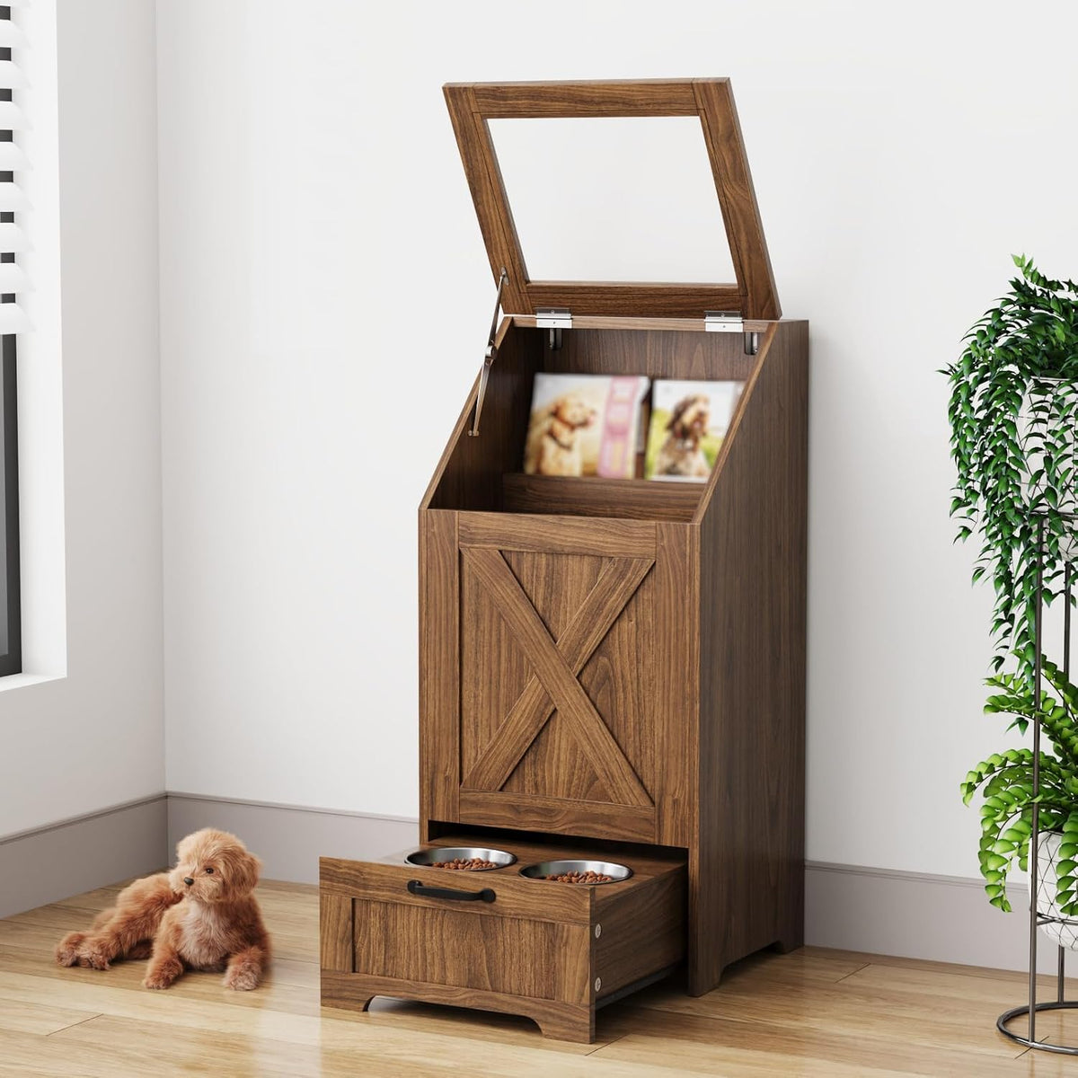 Dog Feeding Station with Storage & 2 Elevated Bowls, Walnut