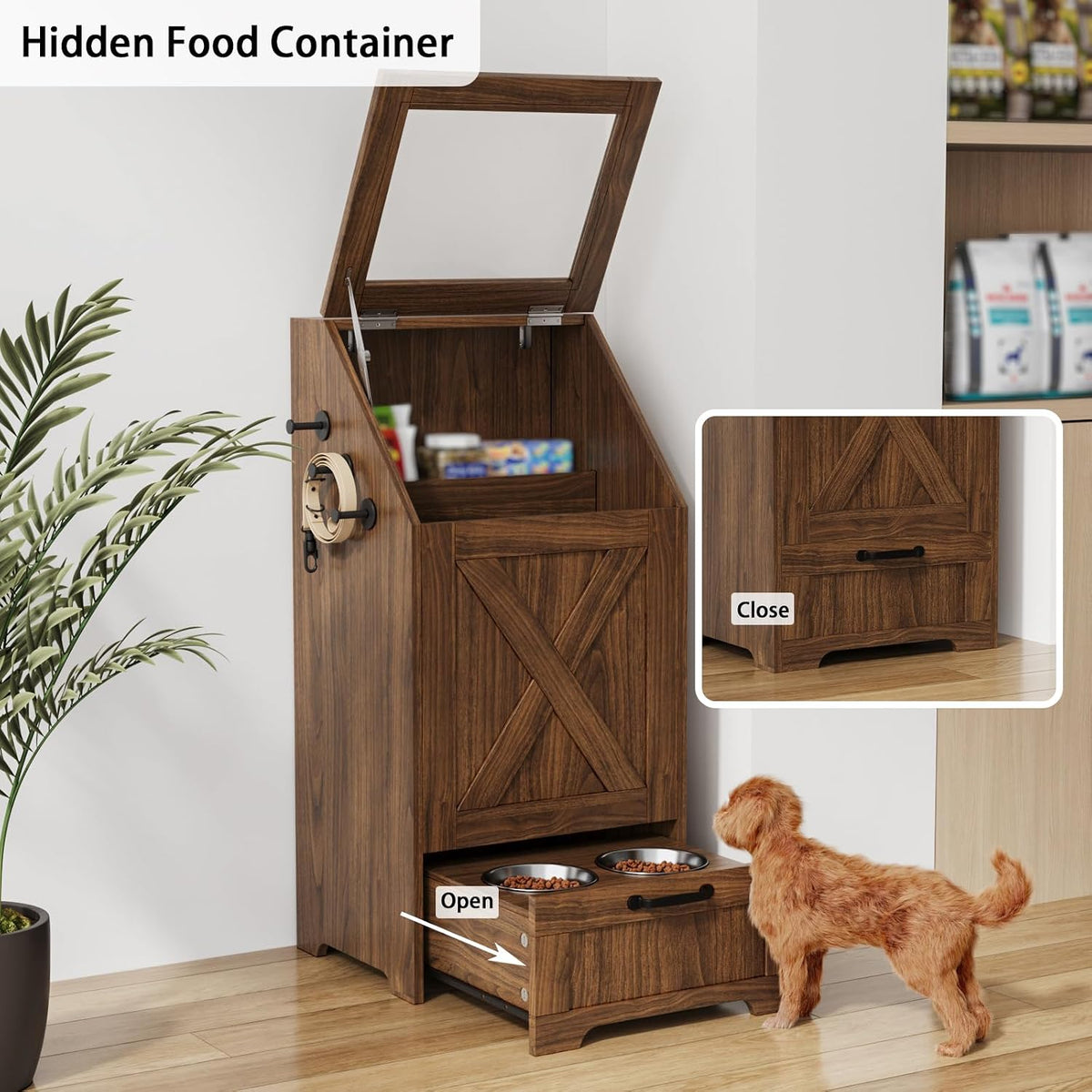 Dog Feeding Station with Storage & 2 Elevated Bowls, Walnut