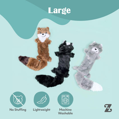 Dog playing with a ZippyPaws Skinny Peltz no-stuffing plush toy