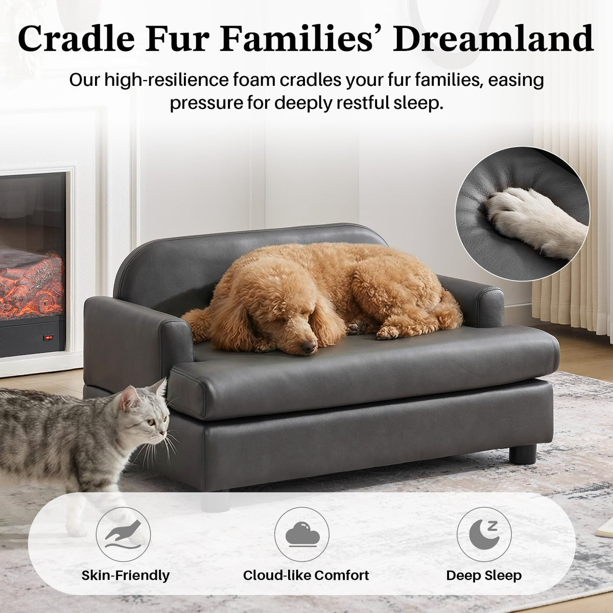 Elevated Dog Sofa Bed with Waterproof Leather – Brown