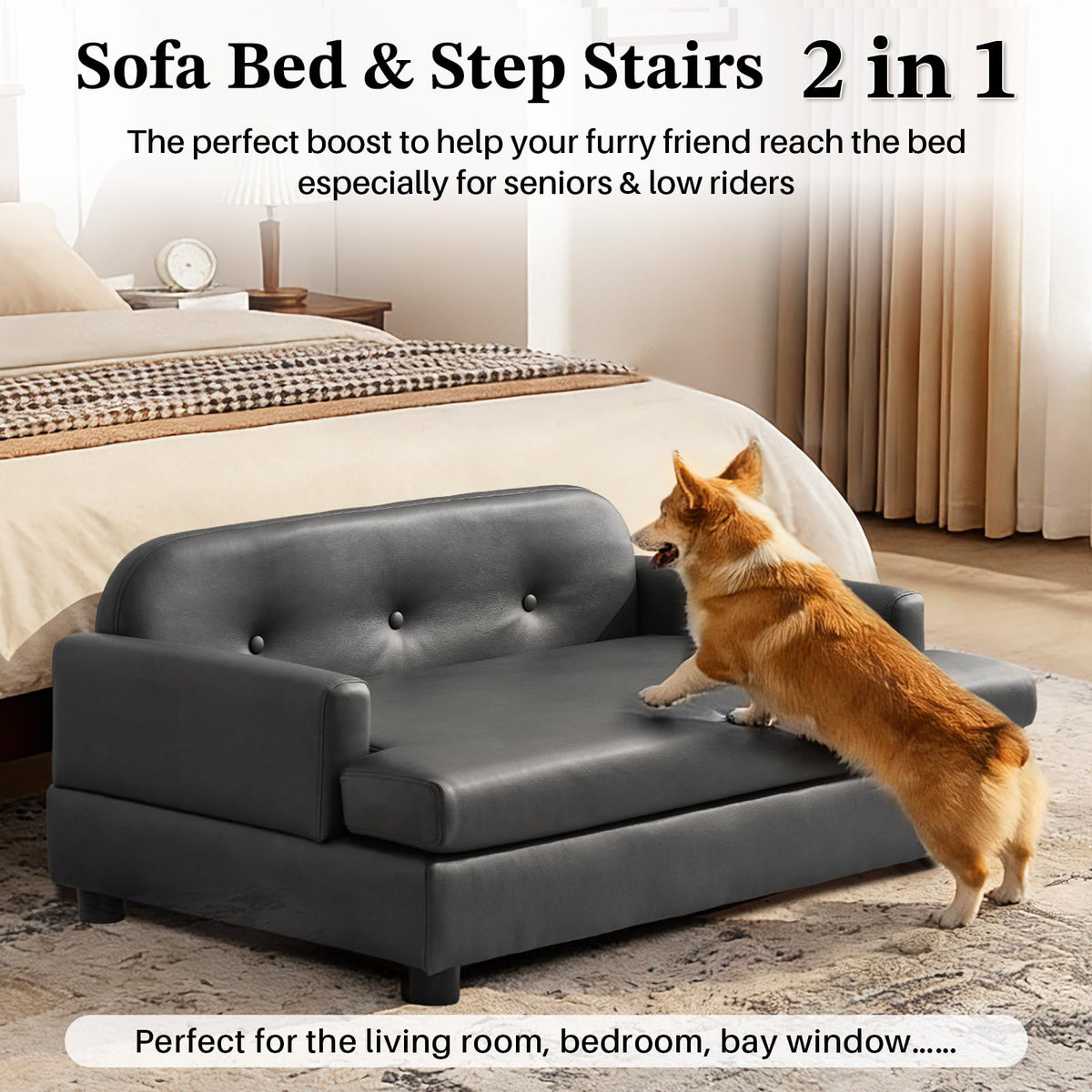 Elevated Dog Sofa Bed with Waterproof Leather – Brown