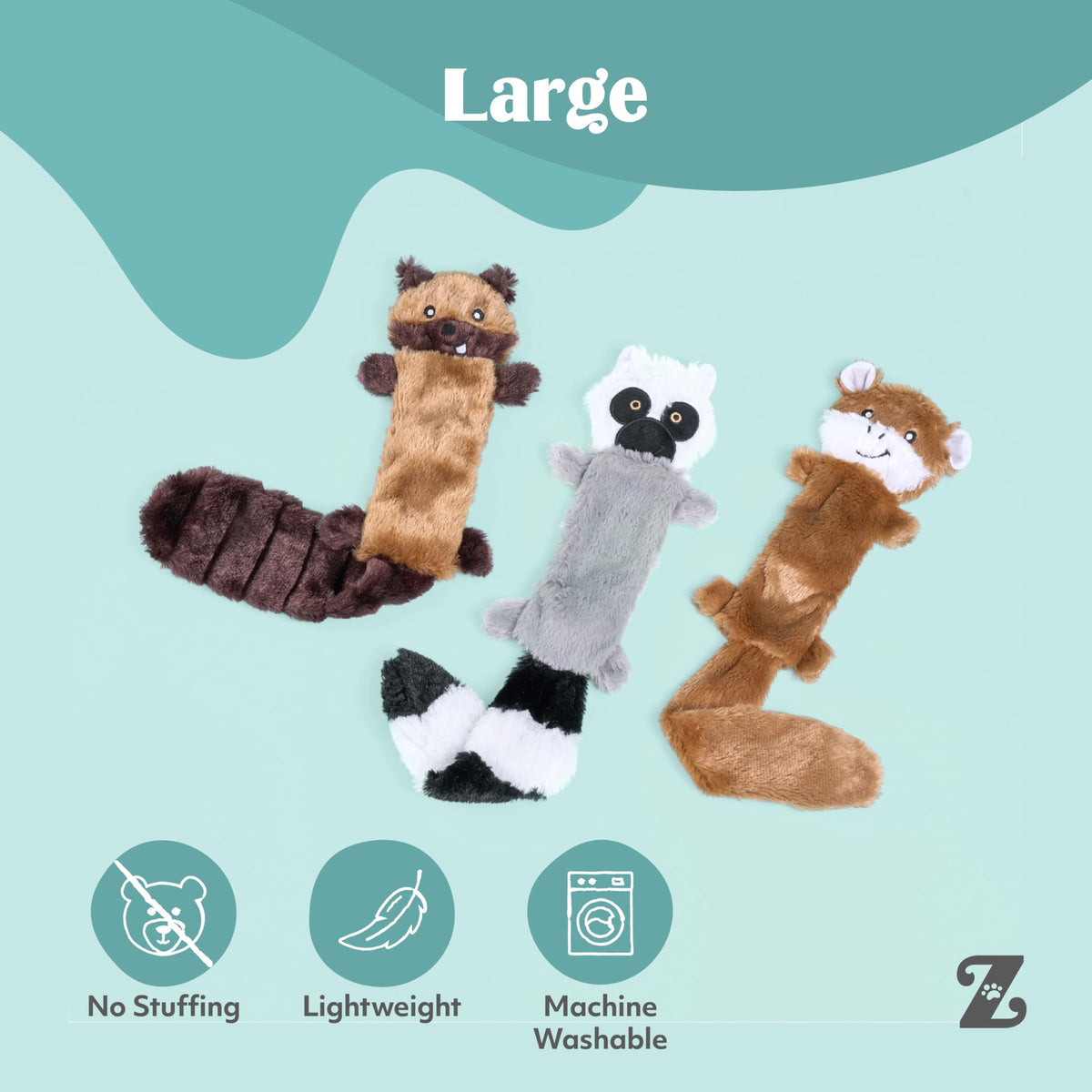 ZippyPaws Skinny Peltz flat plush dog toy with squeakers - no stuffing, less mess