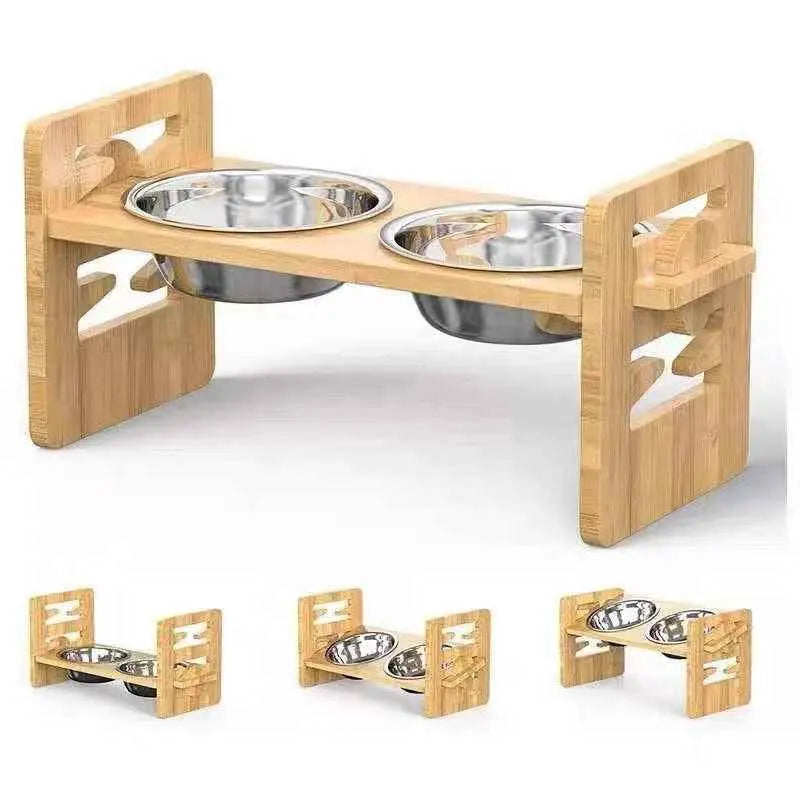 Natural Wood Elevated Cat Feeder – Neck-Support Raised Feeding Stand