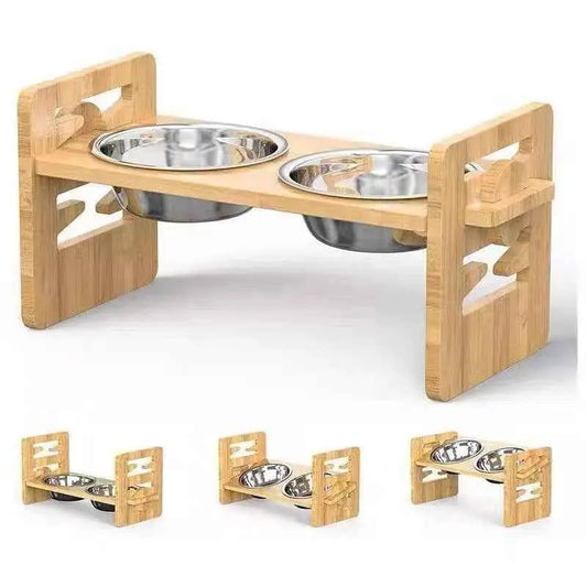 Natural Wood Elevated Cat Feeder – Neck-Support Raised Feeding Stand