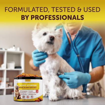 Scoot Stopper Dog Soft Chews w/Fiber  Stool Hardener for Dog Anal Gland Treatment, Digestion Support 180 Tasty Chews w/Natural Flaxseed, Pumpkin and Psyllium Husk for Dog Comfort