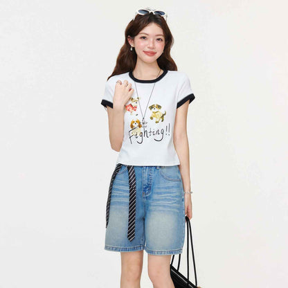 White Round Neck Regular Shoulder Animal Letter Print T-Shirt