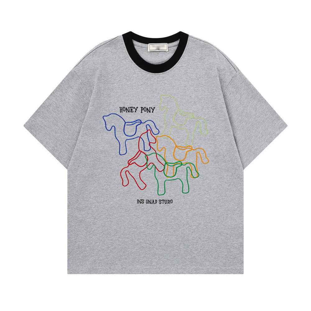 Animal horse 3D embroidery short sleeved t-shirt
