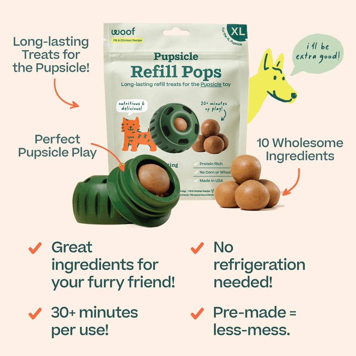 WOOF Pupsicle Refill Pops – Peanut Butter & Beef Treats for Dogs, Large (7 Count)