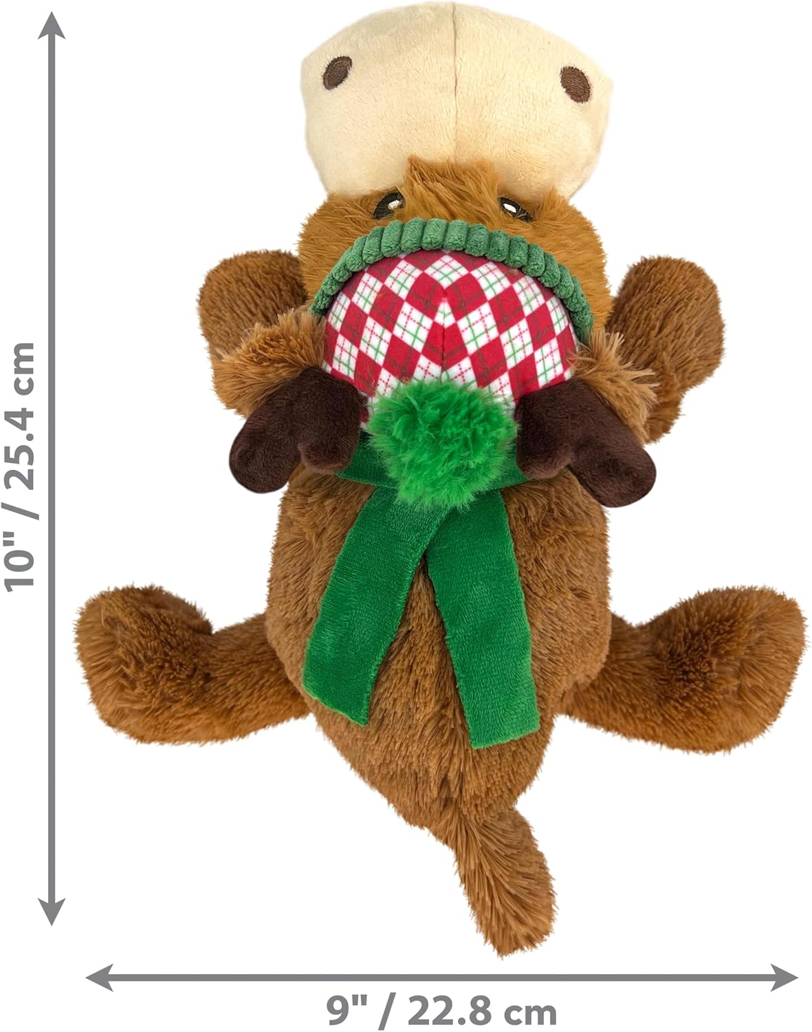 Front view of the KONG Holiday Cozie Reindeer plush with size dimensions – 10 inches tall and 9 inches wide