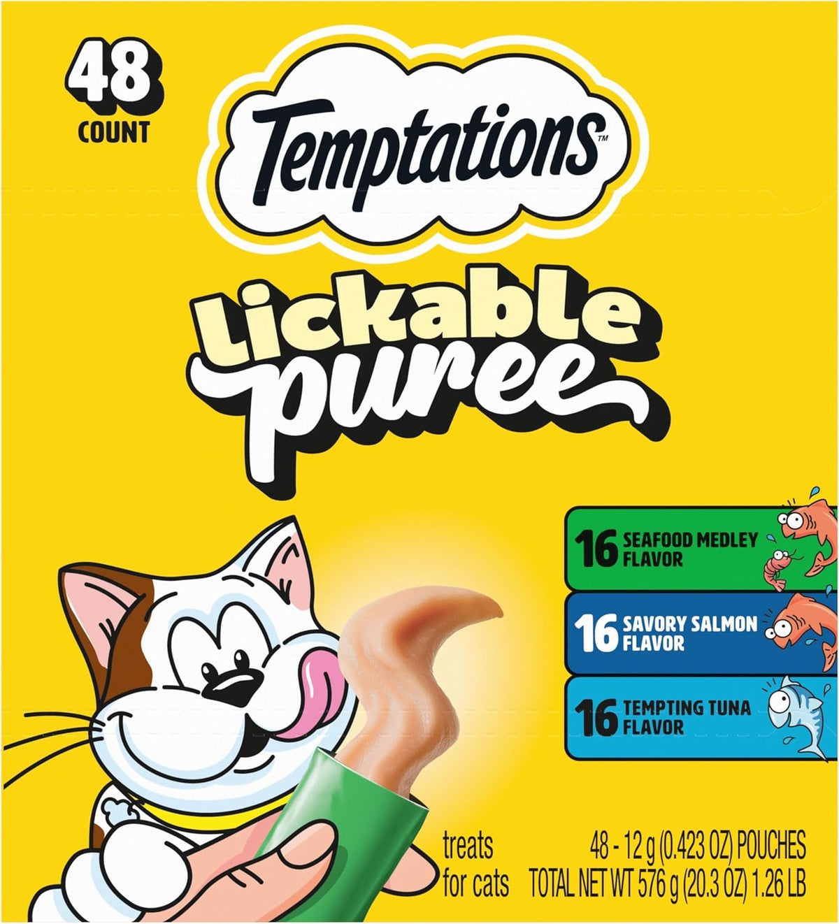 Temptations Creamy Purée Lickable Cat Treats – Seafood Variety, 48 Count