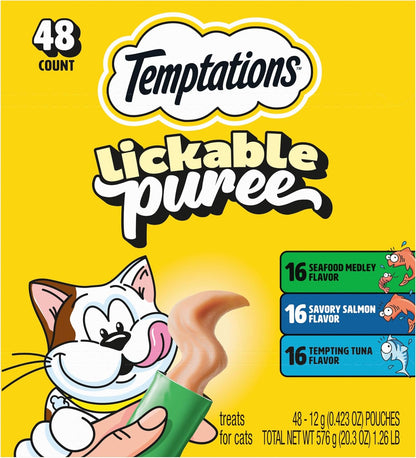 Temptations Creamy Purée Lickable Cat Treats – Seafood Variety, 48 Count
