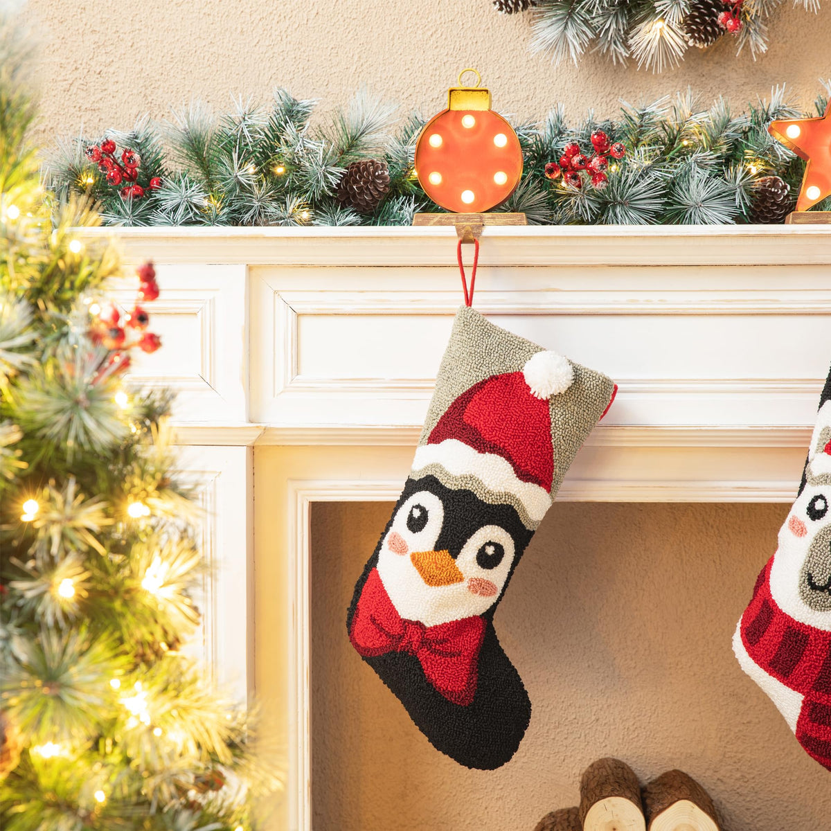 Glitzhome LED Christmas Stockings – 21" Embroidered Linen Stockings, 2-Pack