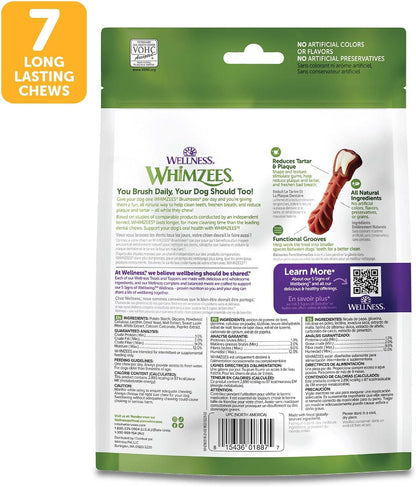 Dog chewing a Whimzees Brushzees toothbrush-shaped chew