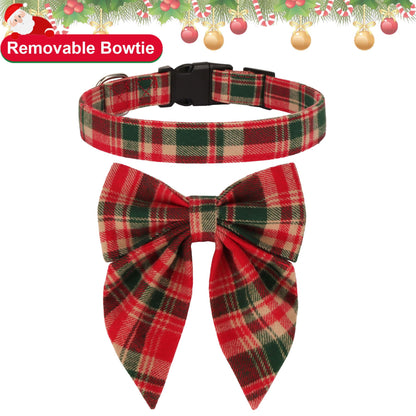ADOGGYGO Christmas Dog Collar with Bow – Red & Green Plaid Cotton Dog Collar