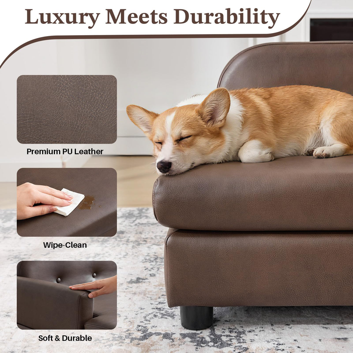 Elevated Dog Sofa Bed with Waterproof Leather – Brown