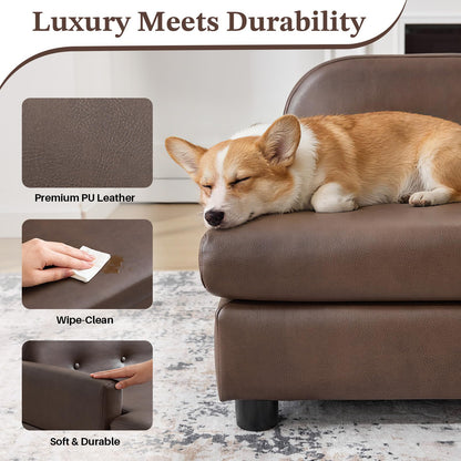 Elevated Dog Sofa Bed with Waterproof Leather – Brown