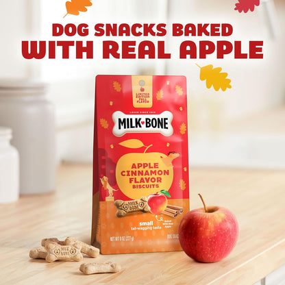 Milk-Bone Apple Cinnamon Biscuits pouch with apple and dog snacks, baked with real apple