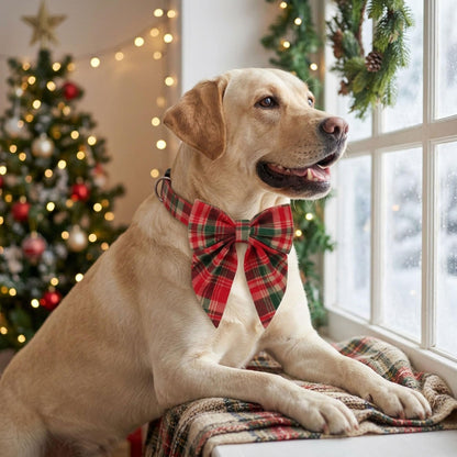 ADOGGYGO Christmas Dog Collar with Bow – Red & Green Plaid Cotton Dog Collar