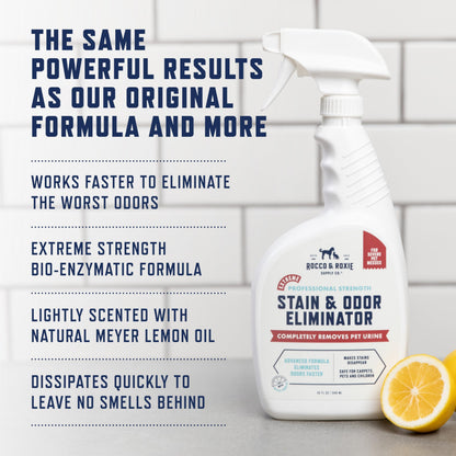 Cleaning a pet stain with Rocco and Roxie enzyme cleaner